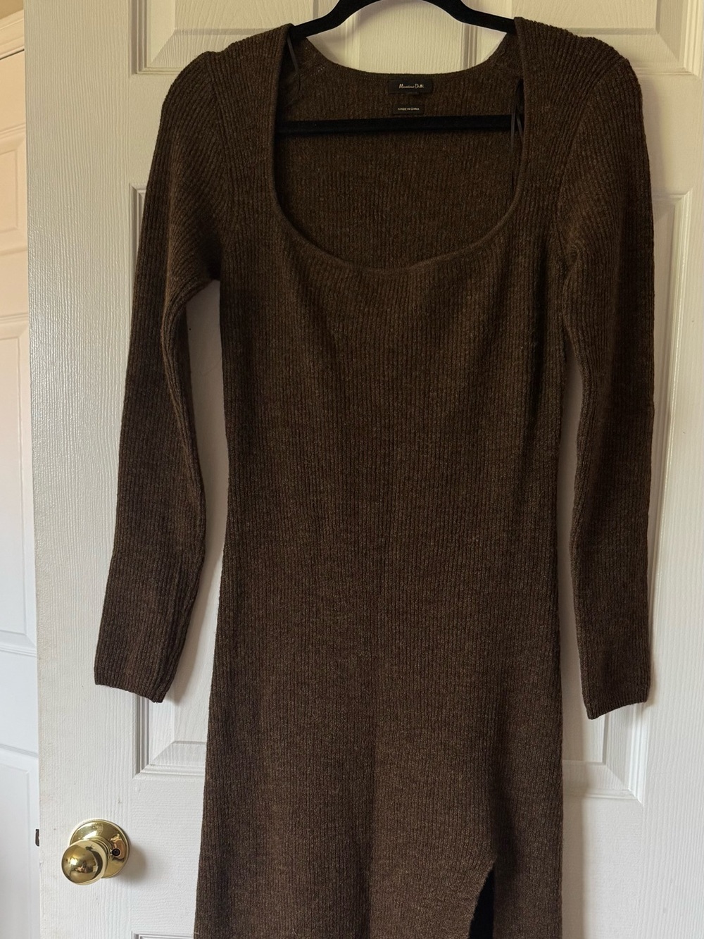 Massimo Dutti Brown Ribbed Long-Sleeve Scoop-Neck Knit Dress